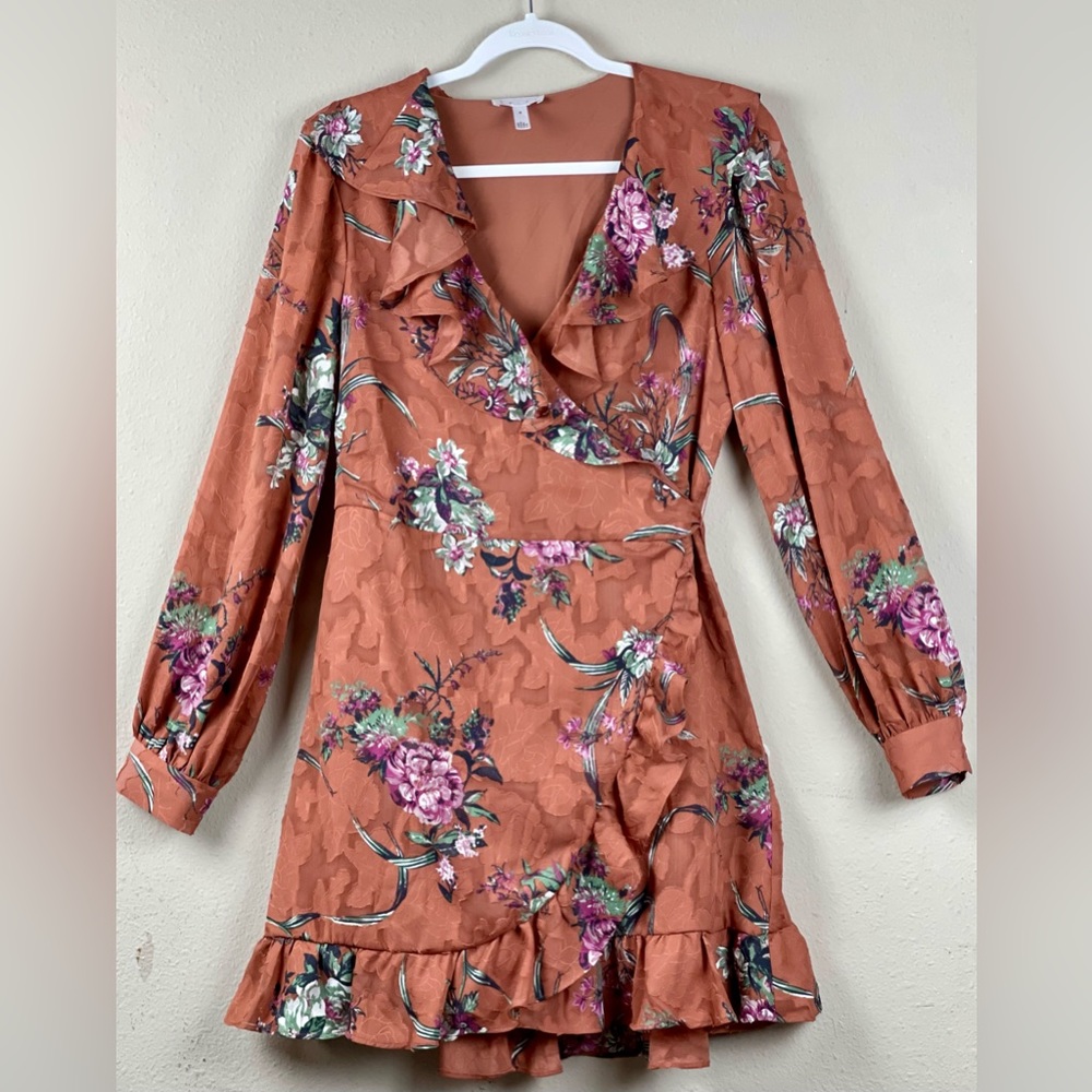 LEITH Floral Wrap ruffle Coral mini dress size M